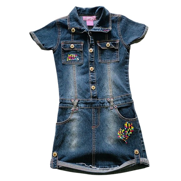 Miss Jeans Girls Embroidered Blue Denim Dress Silver Buttons Colorful Pockets 6X - Picture 6 of 10